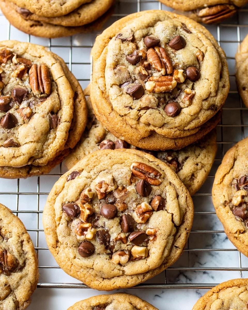 The image shows several freshly baked cookies stacked and spread on a metal cooling rack over a white marbled surface. Each cookie has a golden-brown base with a slightly crispy edge and a soft center. The cookies are topped with dark brown chocolate chips and scattered crunchy pecan nuts in light to dark brown shades, creating texture contrast. They are thick and round, with some visible cracks showing their chewy inside. Photo taken with an iphone --ar 4:5 --v 7