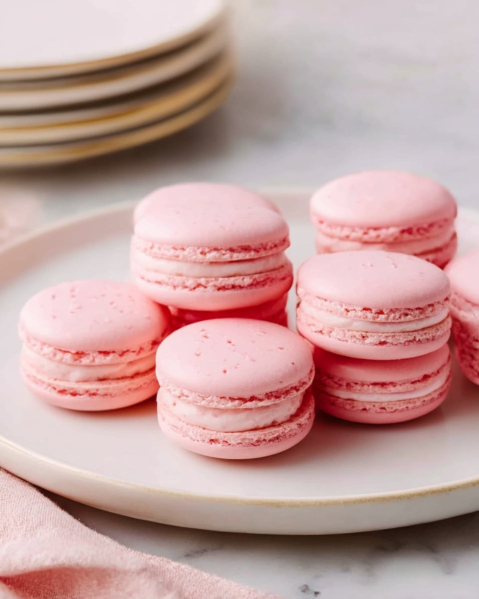 A group of seven pink macarons are placed on a smooth, white plate. Each macaron has two rounded, light pink shells with a slightly glossy texture and tiny air holes, sandwiching a creamy, pale pink filling in the middle. The macarons are evenly spaced, showing off their soft yet firm texture. The overall scene rests on a white marbled surface with a soft cloth nearby and a stack of white plates in the background. photo taken with an iphone --ar 4:5 --v 7