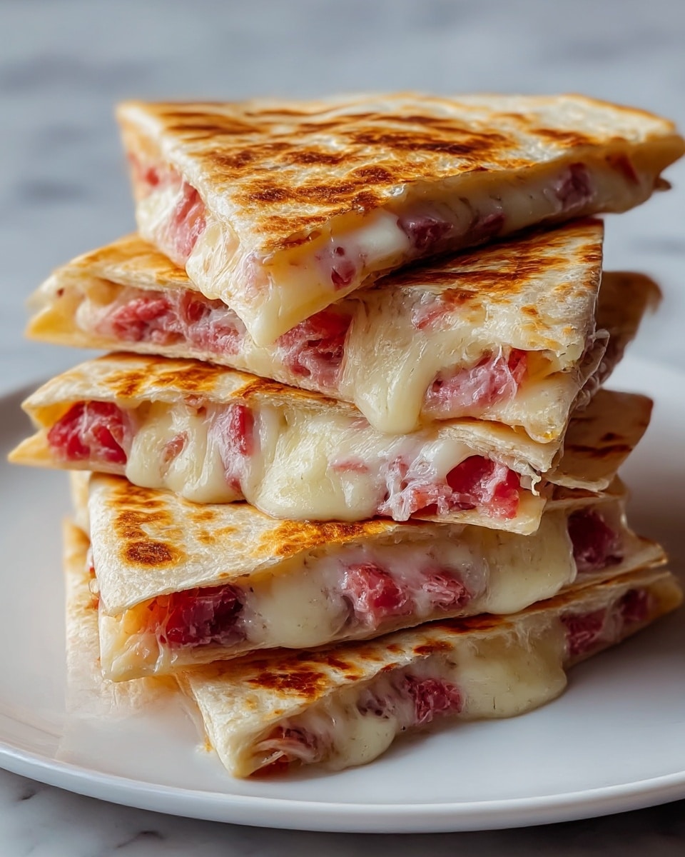 A stack of four grilled quesadilla triangles on a white plate, each piece showing two layers: a golden brown, crispy tortilla on the outside with visible grill marks, and inside, a filling of melted, creamy white cheese mixed with pinkish-red pieces of shredded meat. The cheese looks gooey and stretchy, slightly oozing out from the edges. The quesadillas are stacked unevenly, with the top piece angled slightly to the right, all placed on a white marbled surface. photo taken with an iphone --ar 4:5 --v 7