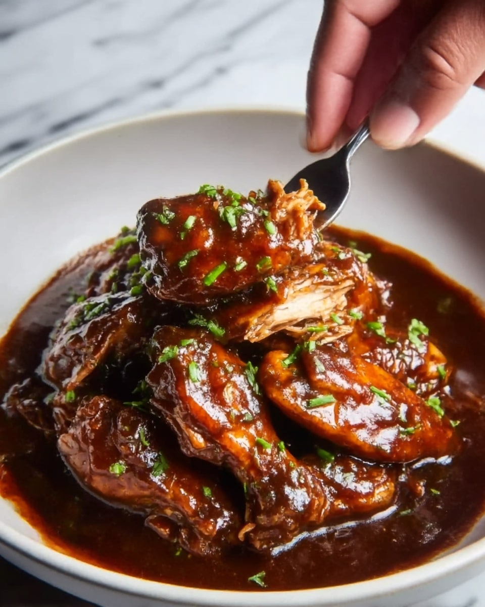 The dish shows shiny cooked chicken wings covered in a thick, dark brown sauce with small green chopped herbs sprinkled on top. The wings are stacked in a shallow white bowl, with each wing layered over the other, and the sauce pools around them giving a glossy look. The green herbs add a fresh contrast to the dark sauce and chicken. The bowl sits on a white marbled surface, with a woman's hand holding a piece of chicken on a fork near the edge of the bowl. photo taken with an iphone --ar 4:5 --v 7