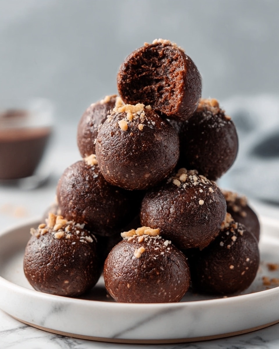 The image shows a pyramid of seven round chocolate balls stacked on a white plate. Each ball has a smooth, dark brown chocolate color and is sprinkled lightly with small pieces of chopped nuts on top, adding a bit of texture. The chocolate balls look moist and rich, with one on top slightly bitten, showing a dense and soft inside. The plate sits on a white marbled surface, with a blurred light gray and white background that keeps the focus on the chocolate balls. Photo taken with an iphone --ar 4:5 --v 7