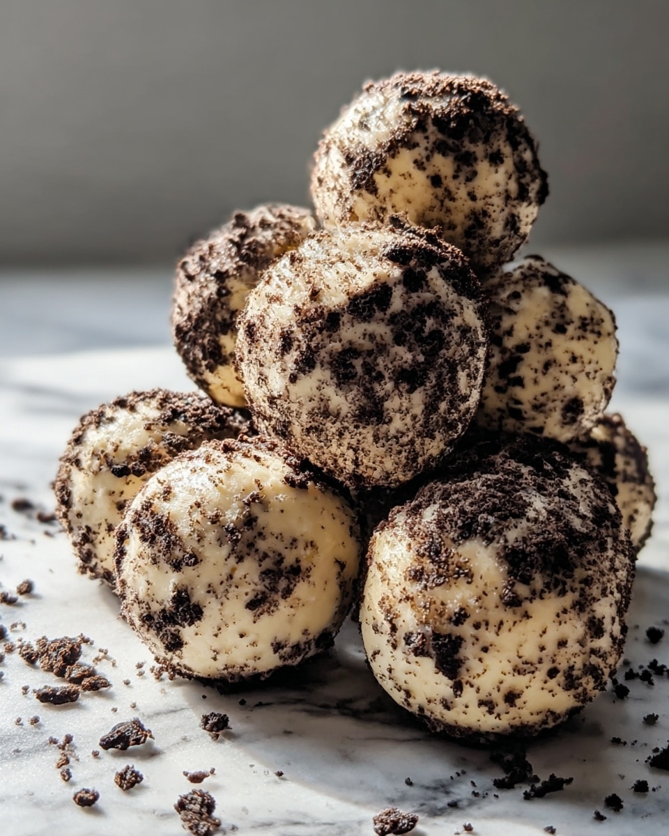 The image shows six round dessert balls stacked close together on a white marbled surface, with cookie crumbs scattered around them. Each ball has a light creamy base color with a rough texture, covered unevenly with dark chocolate cookie crumbs that create a speckled pattern all over. The balls are tightly packed, with some crumbs stuck to their surface, highlighting their crumbly outer layer. The lighting softly brings out the texture details and slight shine of the creamy base. photo taken with an iphone --ar 4:5 --v 7