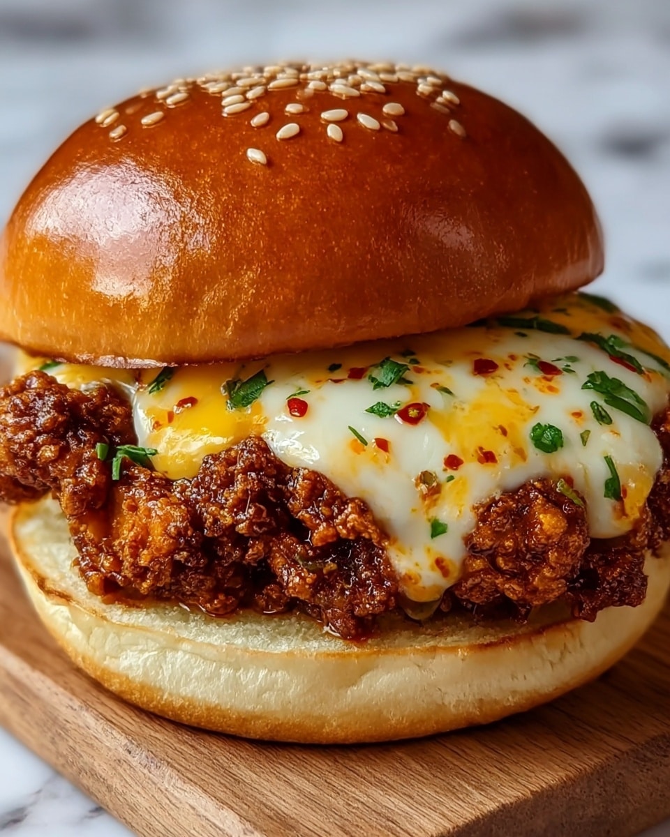 A close-up of a sandwich shows a shiny, golden-brown sesame seed bun on top. Below the bun is a layer of melted yellow and white cheese with small sprinkled green herbs and red chili flakes on it. Under the cheese, there is a thick layer of crispy, dark brown fried chicken pieces with a rough texture, sitting on a soft, light-colored bun base. The sandwich rests on a wooden board, all set against a white marbled background. photo taken with an iphone --ar 4:5 --v 7