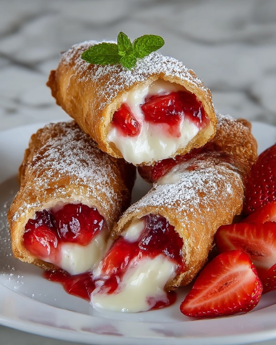 The image shows three golden-brown fried rolls filled with layers of white creamy custard and bright red strawberry pieces mixed with thick strawberry sauce. The outer shell of the rolls is crispy and slightly flaky, dusted with white powdered sugar. Two rolls are stacked with one leaning on the other, while a third is sliced open, displaying the creamy inside spilling slightly onto the white plate. There is a small green mint leaf on top of one roll as garnish, and fresh sliced strawberries on the right side of the plate. The background is a white marbled texture. photo taken with an iphone --ar 4:5 --v 7