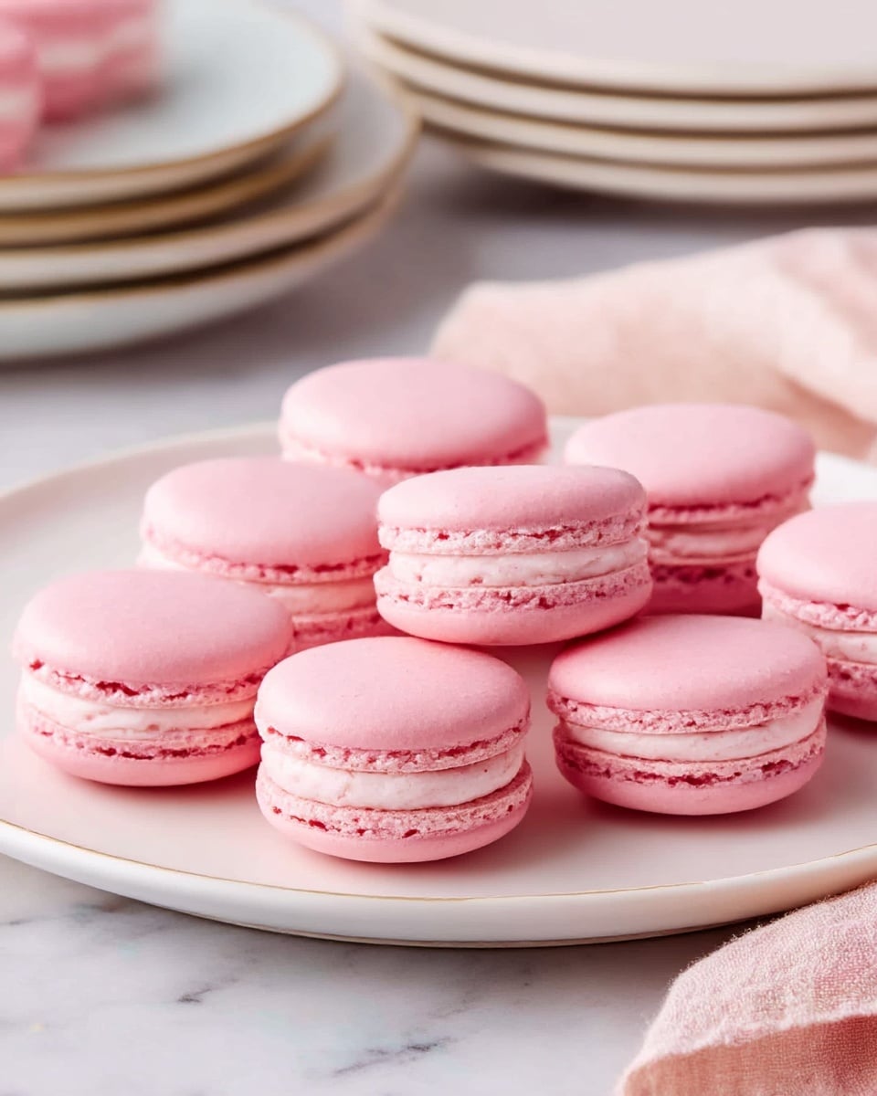 The image shows a white plate holding eight pink macarons arranged in two rows. Each macaron has two smooth, round pink shells with a lighter pink creamy filling layer in the middle. The texture of the shells looks smooth on top but slightly rough and airy on the sides where the filling is visible. The plate sits on a white marbled surface with a soft pastel cloth nearby and stacks of white plates in the background. photo taken with an iphone --ar 4:5 --v 7