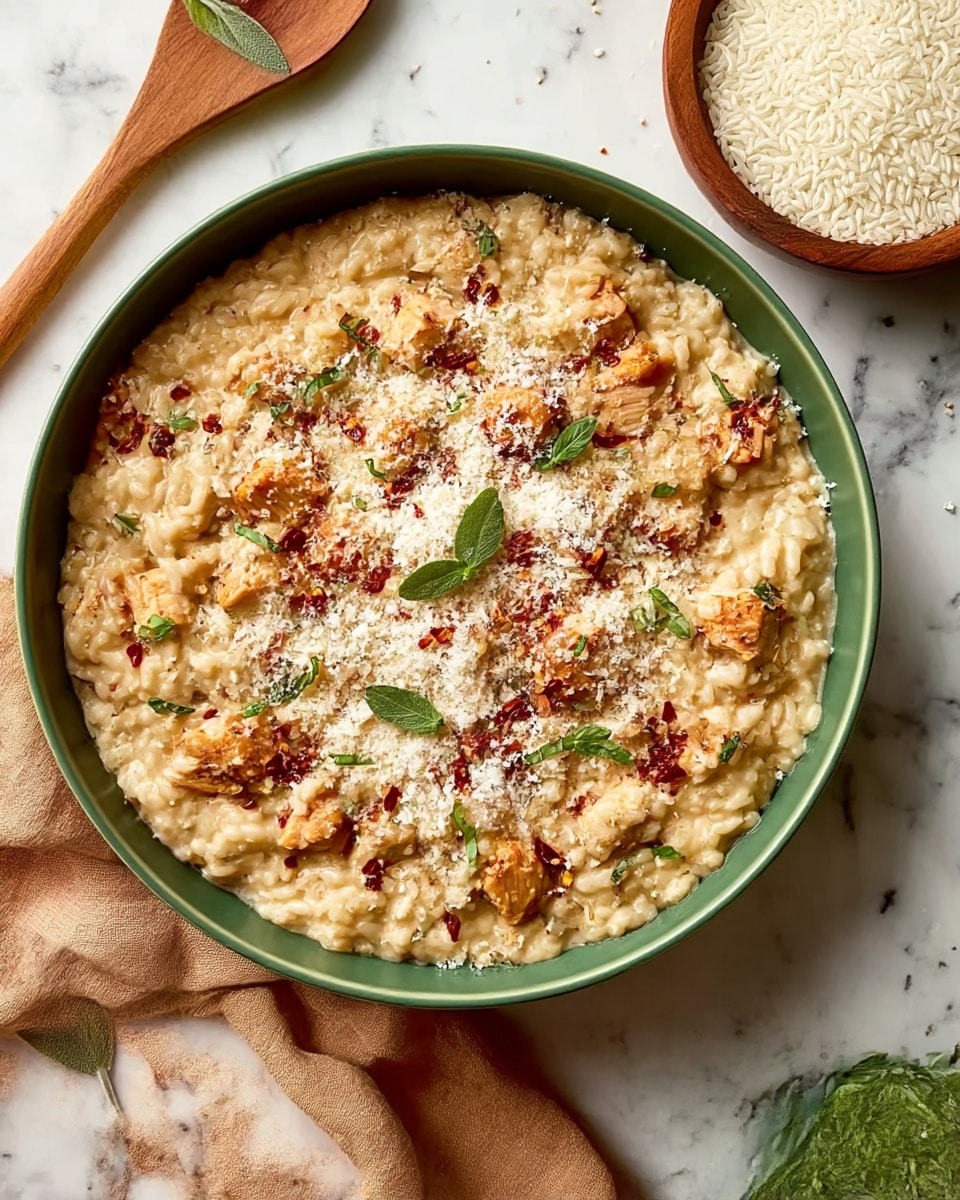 A green bowl filled with creamy light beige risotto as the base layer, mixed with small brownish chicken pieces scattered evenly throughout. On top, there is a sprinkling of grated white cheese and dried red chili flakes, giving a textured look. Small green fresh herb leaves are spread across the surface, adding a fresh color contrast. The bowl is placed on a white marbled surface with a wooden utensil and a light brown cloth partially visible under it. Nearby, a small brown round wooden bowl holds uncooked white rice grains. Photo taken with an iphone --ar 4:5 --v 7