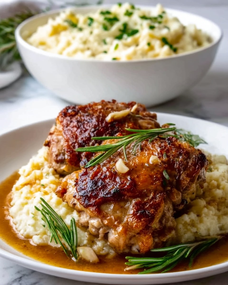 The image shows a white plate with two large crispy roasted chicken thighs on top of a creamy mashed potato base. The chicken skin is golden brown with slightly charred edges, and it looks juicy and tender inside. There is a rich brown gravy or sauce spread over the chicken and pooling slightly around the mashed potatoes. Fresh green rosemary sprigs and small bits of garlic or herbs are placed on top, adding a touch of color and freshness. In the background, a white bowl filled with mashed potatoes garnished with finely chopped green herbs is slightly out of focus. The whole scene is set against a white marbled surface. Photo taken with an iphone --ar 4:5 --v 7
