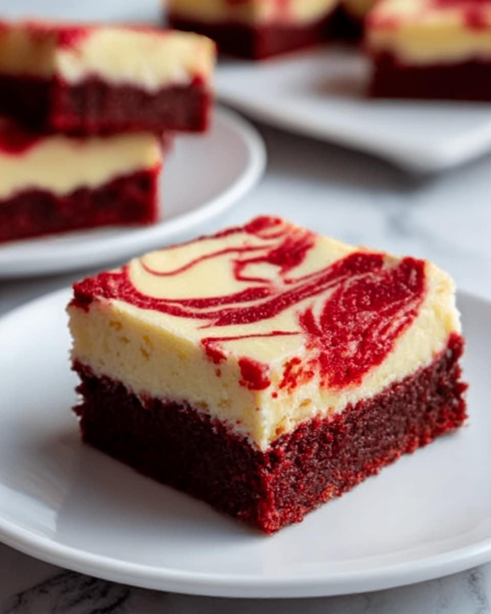 A square piece of red velvet cheesecake brownie sits on a white plate on a white marbled surface. The brownie has two layers: the bottom layer is thick, dark red with a moist, dense texture, and the top layer is creamy white with smooth, swirled red patterns on it. The edges are clean and straight, showing the clear separation between the two layers. In the blurred background, more pieces of the brownie are visible on a similar white plate. photo taken with an iphone --ar 4:5 --v 7