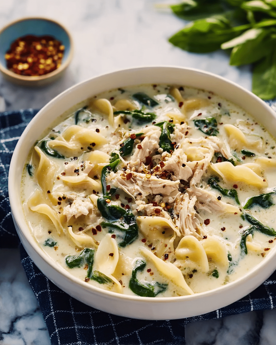 A white bowl filled with creamy white soup containing layers of curled, pale yellow pasta, shredded pieces of light brown chicken, and dark green spinach leaves spread evenly throughout. The soup has a smooth texture with small black and red seasoning specks sprinkled on top, adding contrast. The bowl rests on a dark blue and white checkered cloth on a white marbled surface, with blurred green leaves and a small bowl of chili flakes in the background. photo taken with an iphone --ar 4:5 --v 7