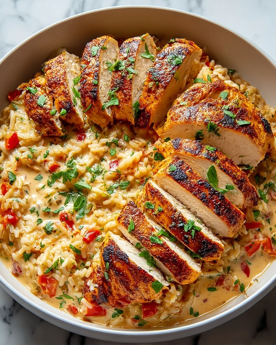A white bowl filled with a creamy bed of cooked rice mixed with small pieces of red bell pepper and herbs as the base layer. On top, there are seven thick slices of grilled chicken breast arranged closely together, cooked to a golden brown with some charred spots for a crispy texture. The chicken is sprinkled with fresh green chopped herbs, adding a bright contrast to the warm colors. The dish sits on a surface with a white marbled texture. photo taken with an iphone --ar 4:5 --v 7