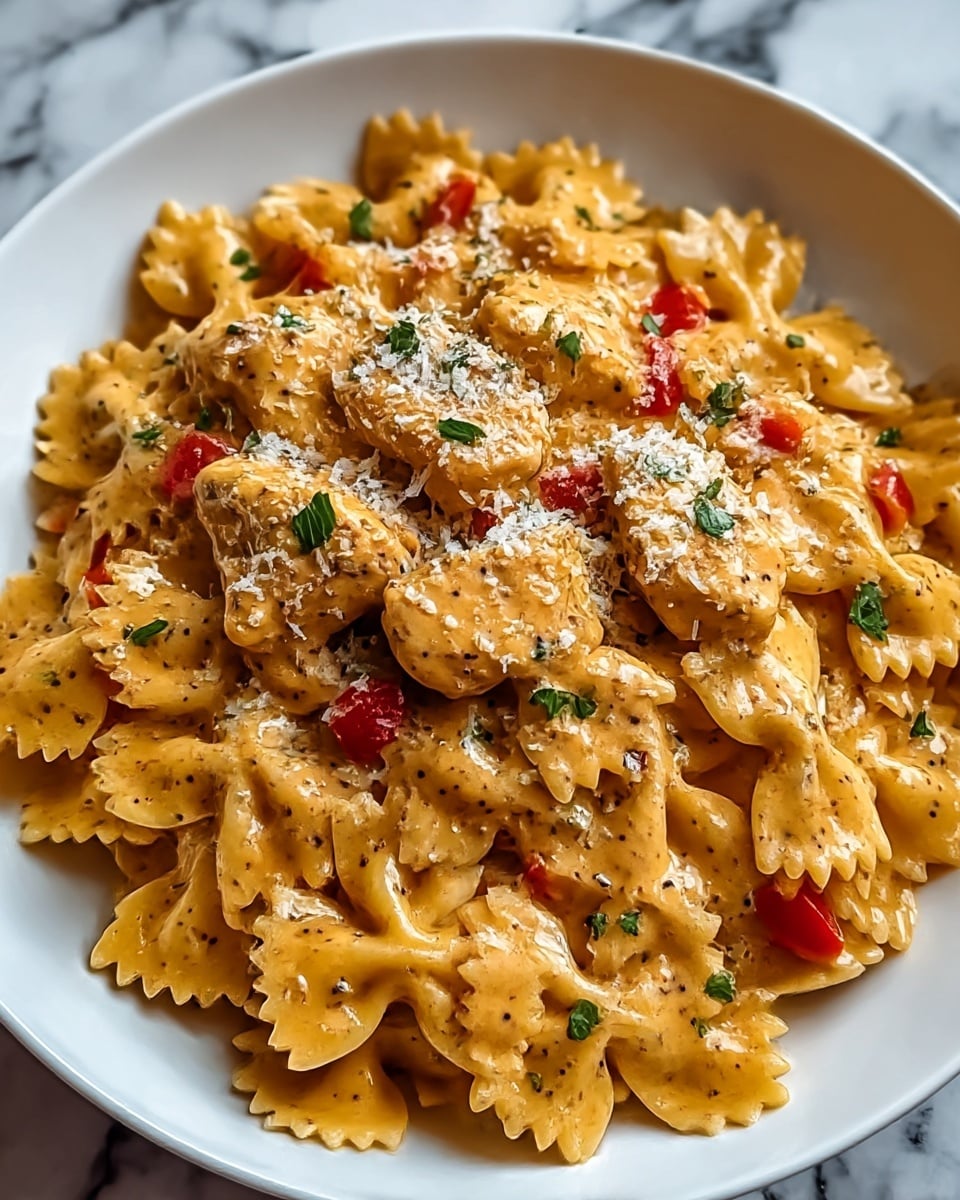 A white plate filled with a single layer of bowtie pasta coated in creamy orange sauce with visible black pepper specks; scattered throughout the pasta are small pieces of red bell pepper adding bright red color. On top are irregular chunks of chicken covered in the same sauce, sprinkled with finely grated white cheese, and garnished with small green parsley leaves. The rich texture of the sauce glistens and clings to the pasta and chicken, all set against a white marbled textured surface. photo taken with an iphone --ar 4:5 --v 7