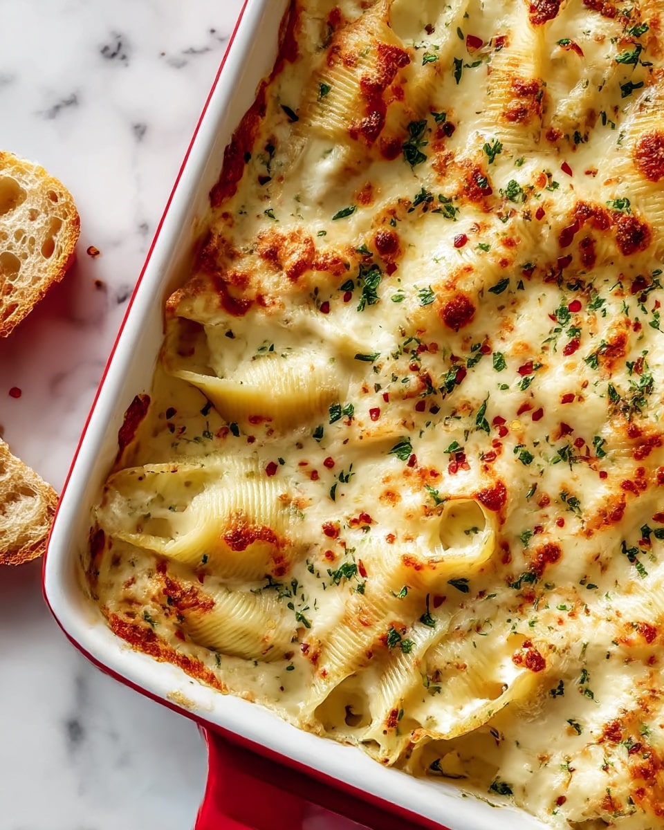 A white baking dish filled with baked stuffed pasta shells layered with creamy white cheese sauce, melted and browned golden on top, sprinkled with small green herb flakes and red chili flakes for color contrast. The pasta shells are large, yellow with lightly toasted edges, and filled generously beneath the melted cheese layer, creating textured peaks and valleys. The dish rests on a white marbled surface, and the edge of a piece of Parmesan cheese is visible in the corner. Photo taken with an iphone --ar 4:5 --v 7