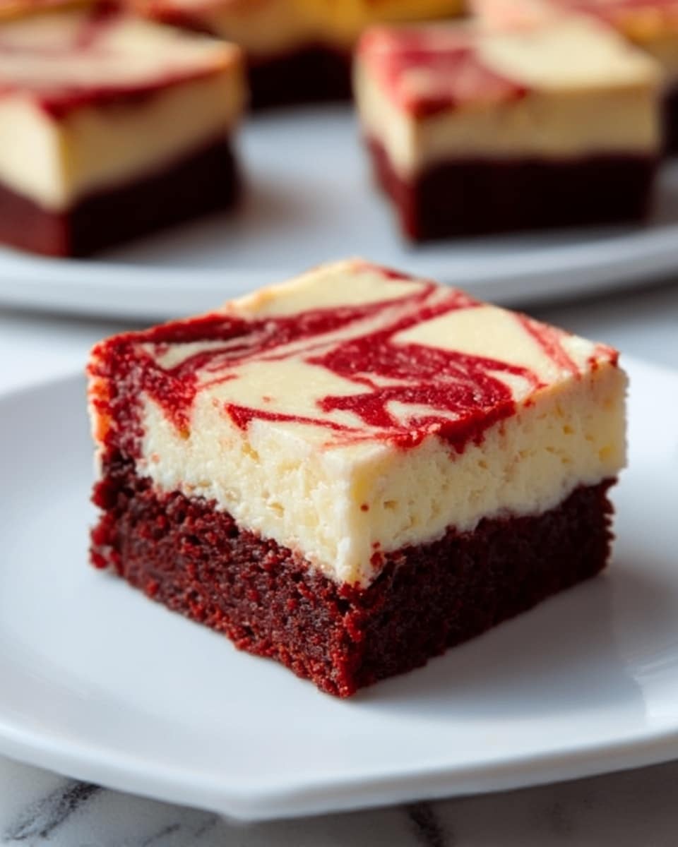 A close-up view of a square red velvet cheesecake brownie on a white plate, showing two layers: the bottom layer is a rich, dark red velvet cake with a soft, moist texture, and the top layer is creamy, pale yellow cheesecake with red swirls creating a marbled pattern on the surface. The plate is set on a white marbled background, and the focus is sharp on the brownie with another blurred piece in the background. photo taken with an iphone --ar 4:5 --v 7