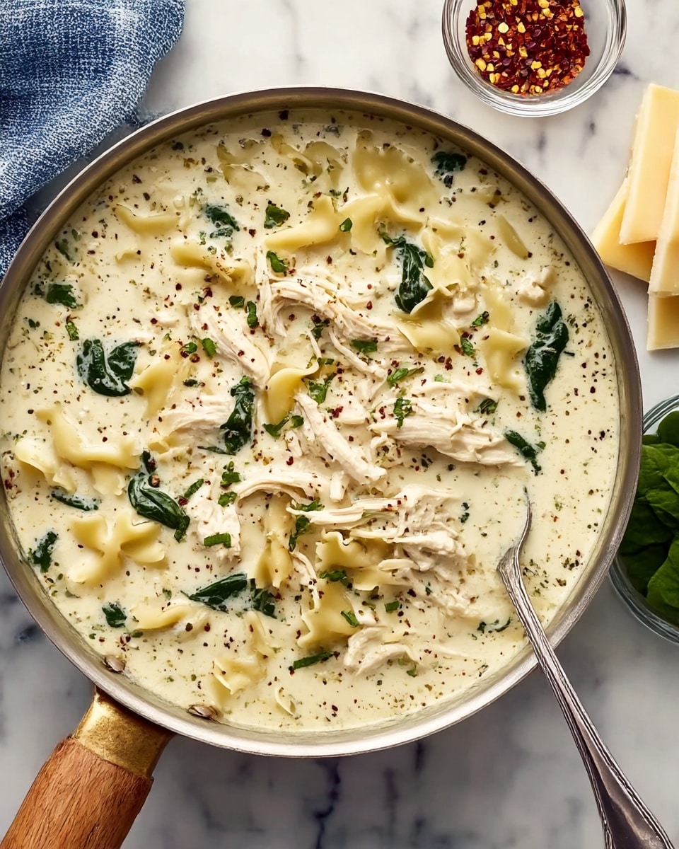 A deep white bowl filled with a creamy soup showing three main layers: the first layer is the smooth creamy white broth covering the bottom; the second layer has twisted light yellow pasta pieces floating evenly; the third layer features shredded white chicken and bright green spinach leaves scattered on top, sprinkled with dark red chili flakes and green herbs for contrast. The bowl sits on a dark blue textured cloth on a white marbled surface, with a small glass bowl of red spices blurred in the background. photo taken with an iphone --ar 4:5 --v 7
