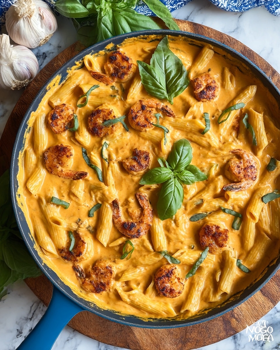 A blue pan filled with creamy orange sauce that covers light yellow penne pasta, topped with several brown, grilled shrimp scattered evenly across the dish; thin green basil strips are sprinkled on the surface, with a couple of whole basil leaves resting on top. The pan sits on a round wooden board against a white marbled texture, surrounded by garlic bulbs, full basil leaves, and part of a blue and white cloth. Photo taken with an iphone --ar 4:5 --v 7