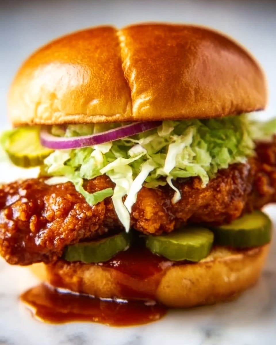 A close-up image of a fried chicken sandwich on a soft, shiny golden bun with a smooth top. The sandwich has a thick, crispy fried chicken piece coated in a dark reddish-brown sauce that is dripping slightly onto the white surface beneath. On top of the chicken, there is a layer of light green shredded lettuce mixed with thin slices of purple onion, and three round green pickle slices sit just under the top bun. The sandwich is placed on a clean white marbled surface. photo taken with an iphone --ar 4:5 --v 7