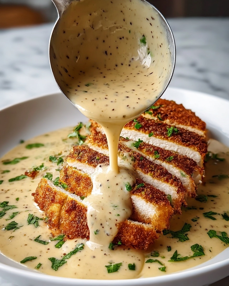 A white plate holds a sliced, golden-brown crispy chicken breast, cut into thick strips and arranged in a neat row. Creamy light beige sauce with small black pepper flakes is being poured over the chicken from a ladle, covering some of the pieces and pooling on the plate. Bright green chopped parsley is sprinkled over the chicken and sauce, adding color contrast. The background is a white marbled texture. photo taken with an iphone --ar 4:5 --v 7