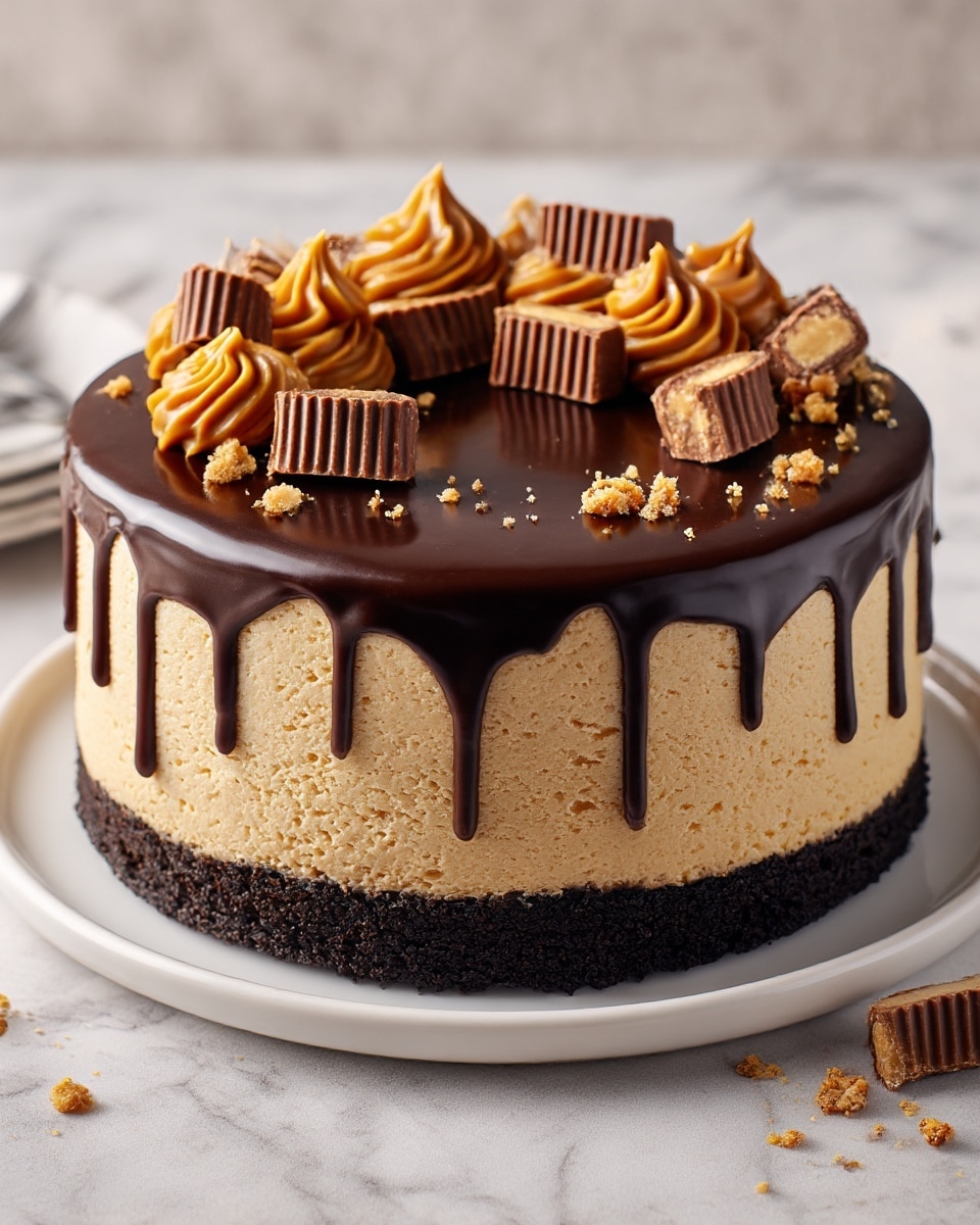 A three-layer cake is shown on a white plate with a white marbled surface underneath. The bottom layer is a dark, crumbly base. The middle layer is thick, light tan, and smooth with a slightly porous texture. The top layer is a shiny dark chocolate glaze dripping over the sides. The top is decorated with caramel-colored swirls and cut-up pieces of peanut butter cups, with small crumbs scattered around. photo taken with an iphone --ar 4:5 --v 7