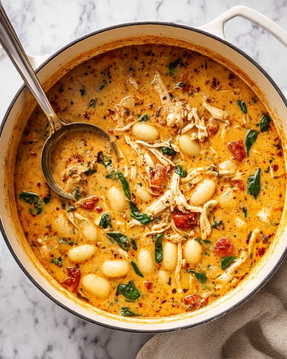 The image shows a top view of a large white pot filled with a creamy orange soup mixed with shredded chicken, small white gnocchi, and green spinach pieces scattered throughout. The soup has a slightly oily texture with visible herbs and small red tomato chunks. A silver ladle rests inside the pot on the left side, partially submerged in the soup. The pot sits on a white marbled surface with a beige cloth napkin placed on the right side. Photo taken with an iphone --ar 4:5 --v 7