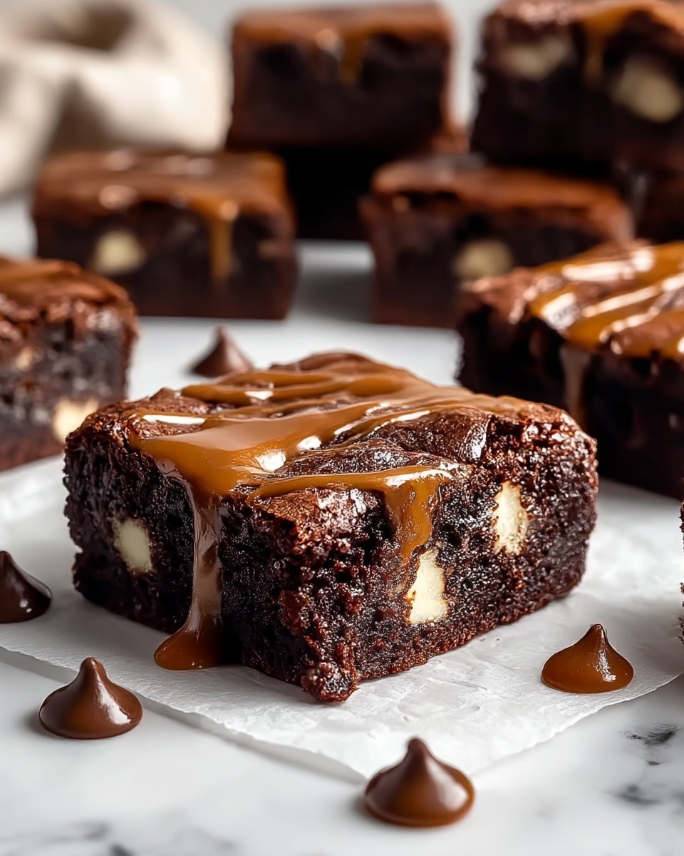 The image shows a close-up of several rich, dark chocolate brownies placed on white parchment paper over a white marbled surface. Each brownie has a moist, dense texture with visible chunks of white chocolate inside, giving a speckled appearance to the dark brown base. On top, there are swirls of smooth, glossy caramel sauce that add a shiny, light brown layer. Around the brownies, small dollops of the same caramel and dark chocolate sauce are scattered, adding a decorative touch. The background is slightly blurred but shows more brownies stacked close together, emphasizing the main brownie in the front. Photo taken with an iphone --ar 4:5 --v 7