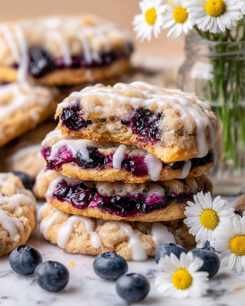 The image shows a close-up of layered blueberry crumb cookies stacked on each other, with one cookie on top showing a bite taken out of it. Each cookie has three visible layers: a soft, golden crumbly base, a middle layer filled with dark purple blueberry filling that looks juicy and glossy, and a crumbly streusel topping of light tan color with a rough texture. White icing is drizzled thinly across the top crumb layer, adding a glossy contrast. Fresh blueberries are scattered around the cookies, which rest on a white marbled surface. To the right, there is a small clear glass vase holding white daisies with yellow centers. Photo taken with an iphone --ar 4:5 --v 7