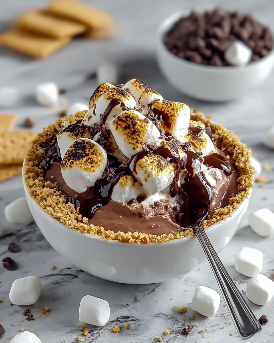 A white bowl filled with a thick, creamy chocolate base at the bottom. On top, there is a rough layer of light brown crushed graham crackers around the edges. Above that, fluffy white marshmallows are lightly toasted with golden brown and black spots, piled high in the center. A dark, glossy chocolate sauce is drizzled over the marshmallows, mingling with small bits of dark chocolate sprinkled throughout. A silver spoon is placed inside the bowl on the right side. The bowl sits on a white marbled surface with scattered marshmallows and chocolate chips around it. In the background, there is a blurred white bowl filled with chocolate chips and some light brown graham crackers. photo taken with an iphone --ar 4:5 --v 7