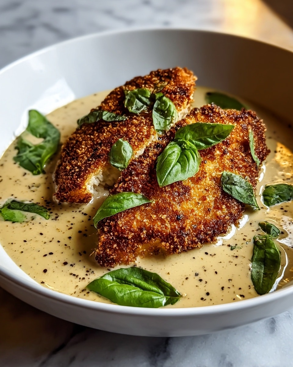 Two pieces of crispy, golden-brown breaded chicken with a coarse texture sit on a thick, creamy light beige sauce that fills the bottom of a white bowl. The chicken pieces are slightly overlapped, and fresh, bright green basil leaves are scattered on top and around the dish, adding a pop of color. The sauce appears smooth with tiny black specks of seasoning, and a slight shine from the light highlights its rich texture. The dish is set on a white marbled surface that adds a clean, elegant look. photo taken with an iphone --ar 4:5 --v 7