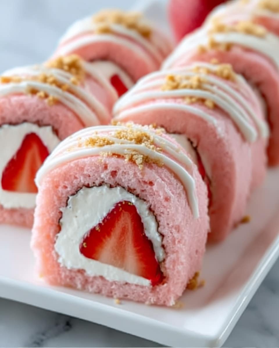 The image shows a row of pink and white sushi rolls neatly arranged on a white plate. Each roll has a soft, light pink outer layer with a smooth texture. Inside, there is a white cream filling wrapped around a fresh red strawberry in the center. The top of each roll is decorated with thin white lines of cream and a sprinkle of light brown crumbs. The plate is set on a white marbled surface. photo taken with an iphone --ar 4:5 --v 7