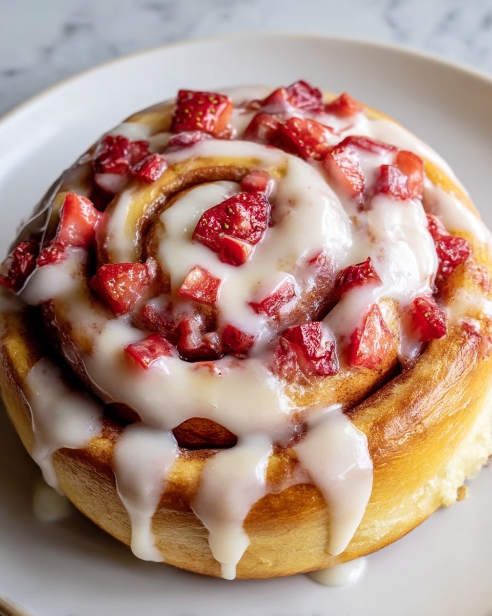 A close-up of a single cinnamon roll with a thick spiral shape, showing three distinct layers of golden-brown dough tightly rolled with a swirl of cinnamon inside. The top is covered with small, bright red chopped strawberries scattered unevenly across the surface. A creamy white icing is drizzled generously over the top, pooling slightly in some places and adding a shiny texture that contrasts with the soft dough. The cinnamon roll sits on a white plate with a smooth rim, placed on a white marbled surface. Photo taken with an iphone --ar 4:5 --v 7