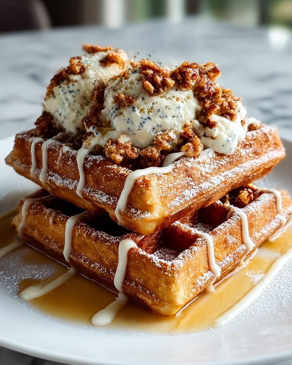 Two thick golden brown waffles are stacked side by side on a white plate on a white marbled surface. Each waffle has a crisp, slightly uneven texture and is dusted with powdered sugar. On top of each waffle is a generous scoop of creamy white ice cream with small black specks, covered with a crunchy cluster of brown nutty topping. White sauce is drizzled across the waffles in thin lines, and a pool of light amber syrup surrounds the base of the waffles, flowing onto the plate. The background is softly blurred. Photo taken with an iphone --ar 4:5 --v 7