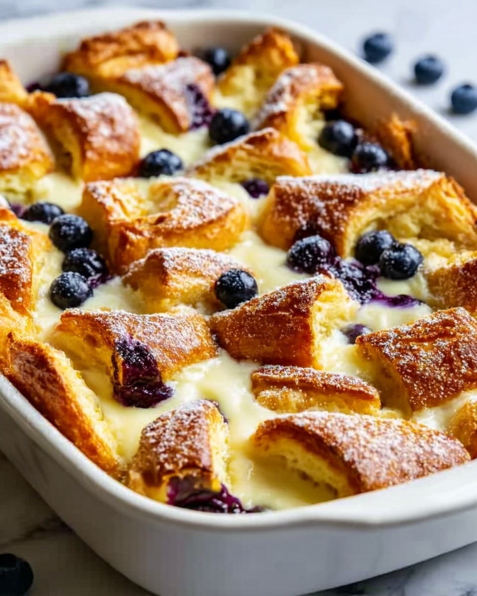 A white baking dish filled with a golden brown croissant bread pudding that is fluffy and crispy on top, with layers of soft, creamy custard beneath. The croissant pieces are torn into large chunks and arranged unevenly, some puffed up, showing a shiny, slightly crisped surface dusted with powdered sugar. Scattered deep blue blueberries are nestled between the croissant pieces, adding contrast to the warm tones. The dish sits against a white marbled background, with a few loose blueberries around it. Photo taken with an iphone --ar 4:5 --v 7