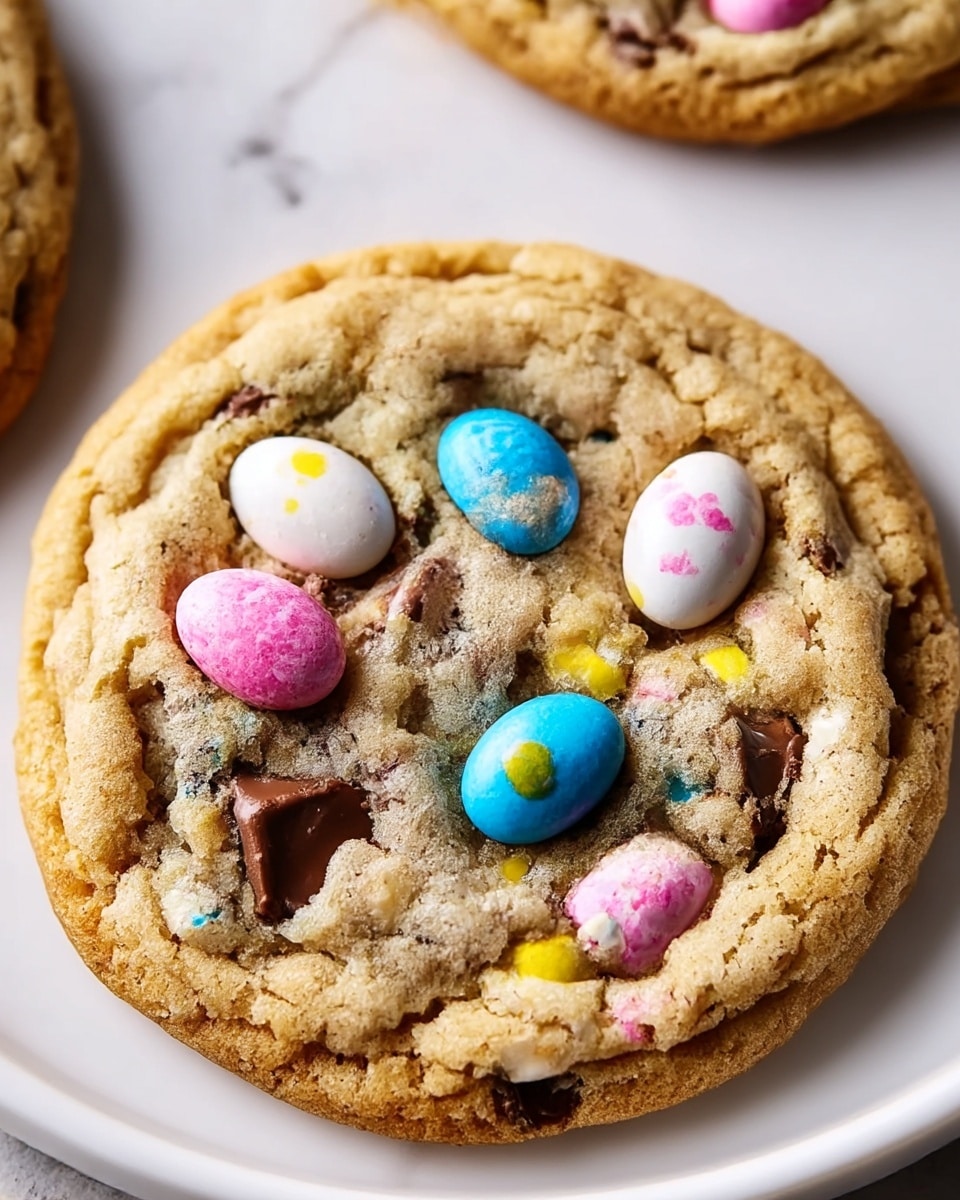 A close-up view of a thick, round cookie resting on a white plate with a white marbled background. The cookie has a golden-brown base with a slightly crispy edge and a chewy center filled with melted brown chocolate chunks. On top of the cookie are four colorful candy-coated chocolate eggs in pink, blue, white with yellow spots, and white with pink spots, slightly embedded in the dough. The surface texture shows small cracks and a mix of smooth melted chocolate and crunchy candy shell pieces. Photo taken with an iphone --ar 4:5 --v 7