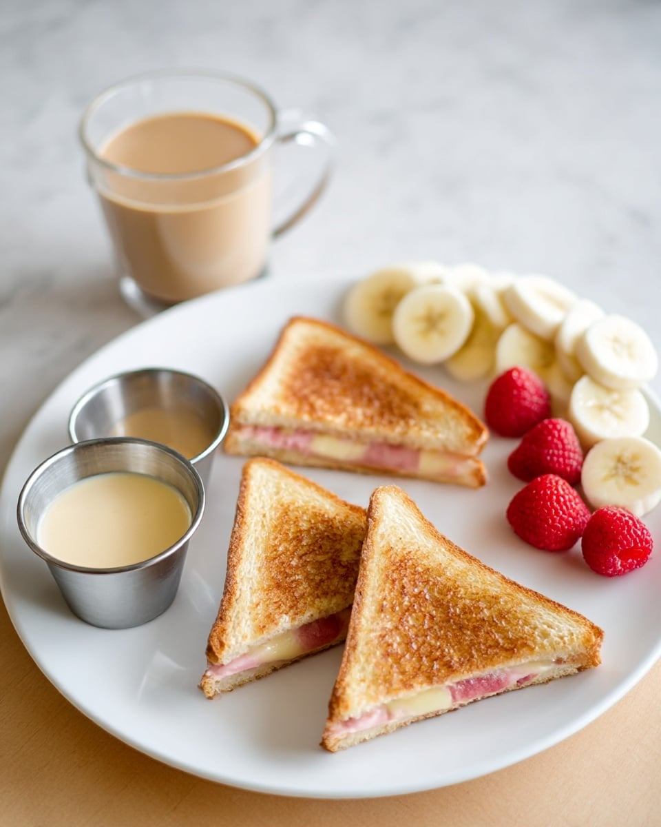 A white plate holds four triangular pieces of grilled sandwich with golden brown toasted bread and a visible pink and white filling inside, arranged neatly on the front half of the plate. To the upper right of the plate, there are slices of banana with a soft white and pale yellow color, and next to them, a few whole red raspberries and strawberries add a bright pop of color. On the left side of the plate, a small silver metal cup contains a light cream-colored sauce. In the background, there is a clear glass cup with a handle filled with a light beige drink, set on a white marbled surface. Photo taken with an iphone --ar 4:5 --v 7