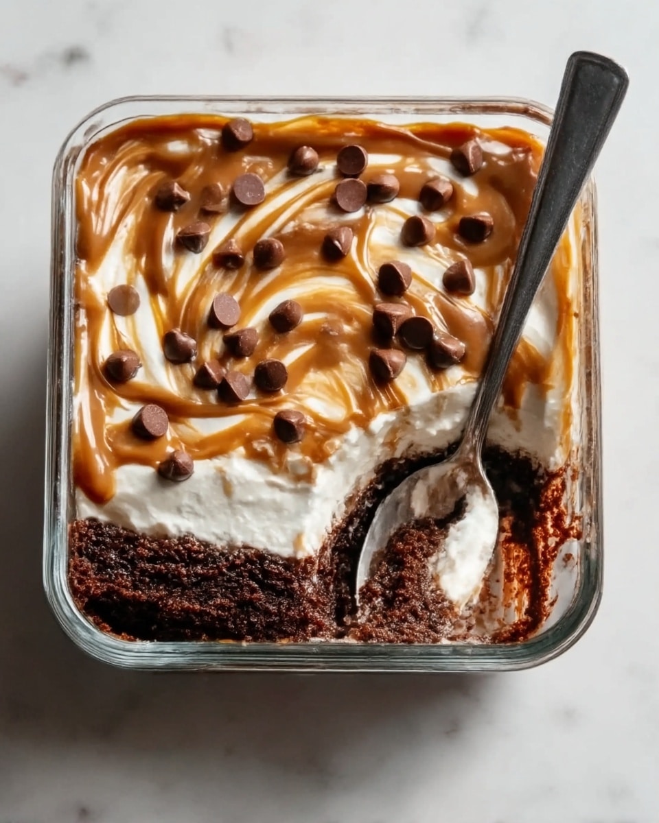 A square glass dish filled with a dessert that has three main layers: the bottom layer is dark brown and moist, likely chocolate cake or brownie, the middle layer is thick white cream, and the top layer is swirled caramel sauce with scattered milk chocolate chips. A spoon is placed inside the dish on the right side, with some of the dessert scooped out. The dish is placed on a white marbled surface. Photo taken with an iphone --ar 4:5 --v 7