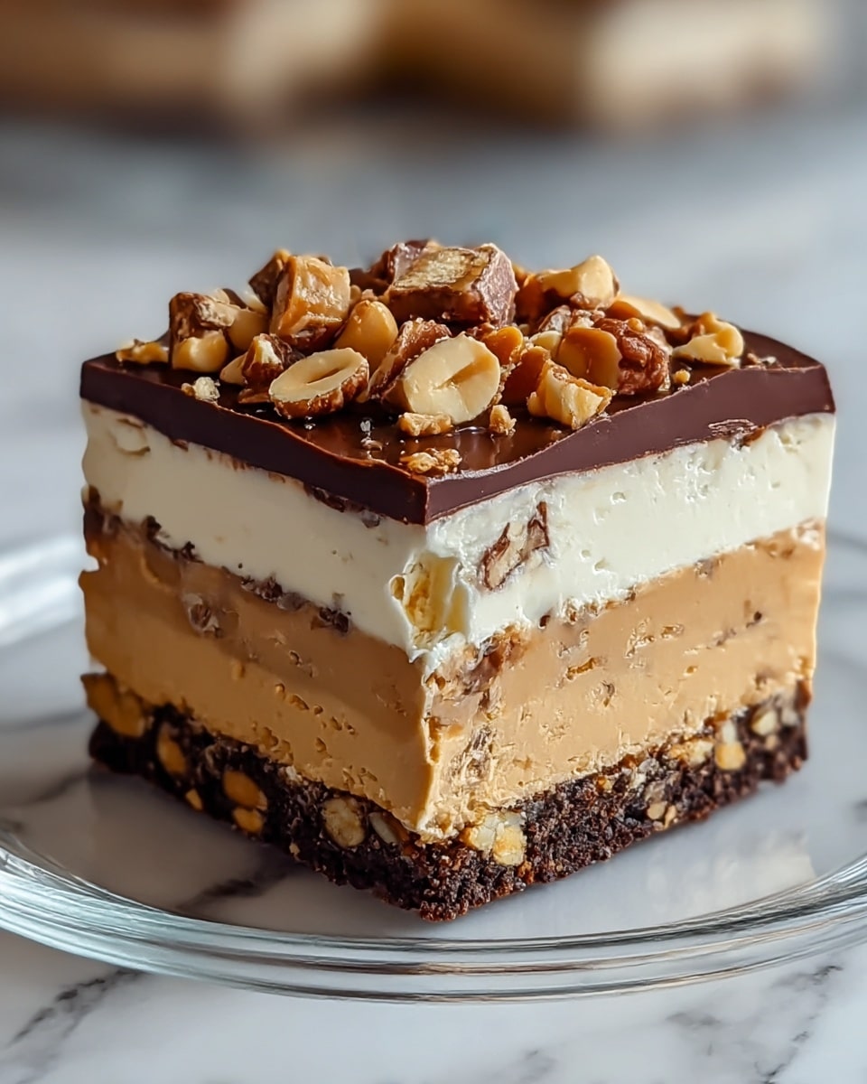 A close-up image of a multi-layered dessert square placed on a clear glass plate over a white marbled surface. The dessert has five distinct layers: the bottom layer is a crumbly dark brown crust mixed with small nut pieces, followed by a smooth light tan layer, then a thin dark chocolate layer with embedded nuts, topped by a thick creamy off-white layer with visible nut pieces inside, and finished with a glossy dark chocolate ganache layer sprinkled with chunks of caramel, chocolate, and nuts. The layers show a rich mix of textures from crumbly to creamy and crunchy on top. Photo taken with an iphone --ar 4:5 --v 7