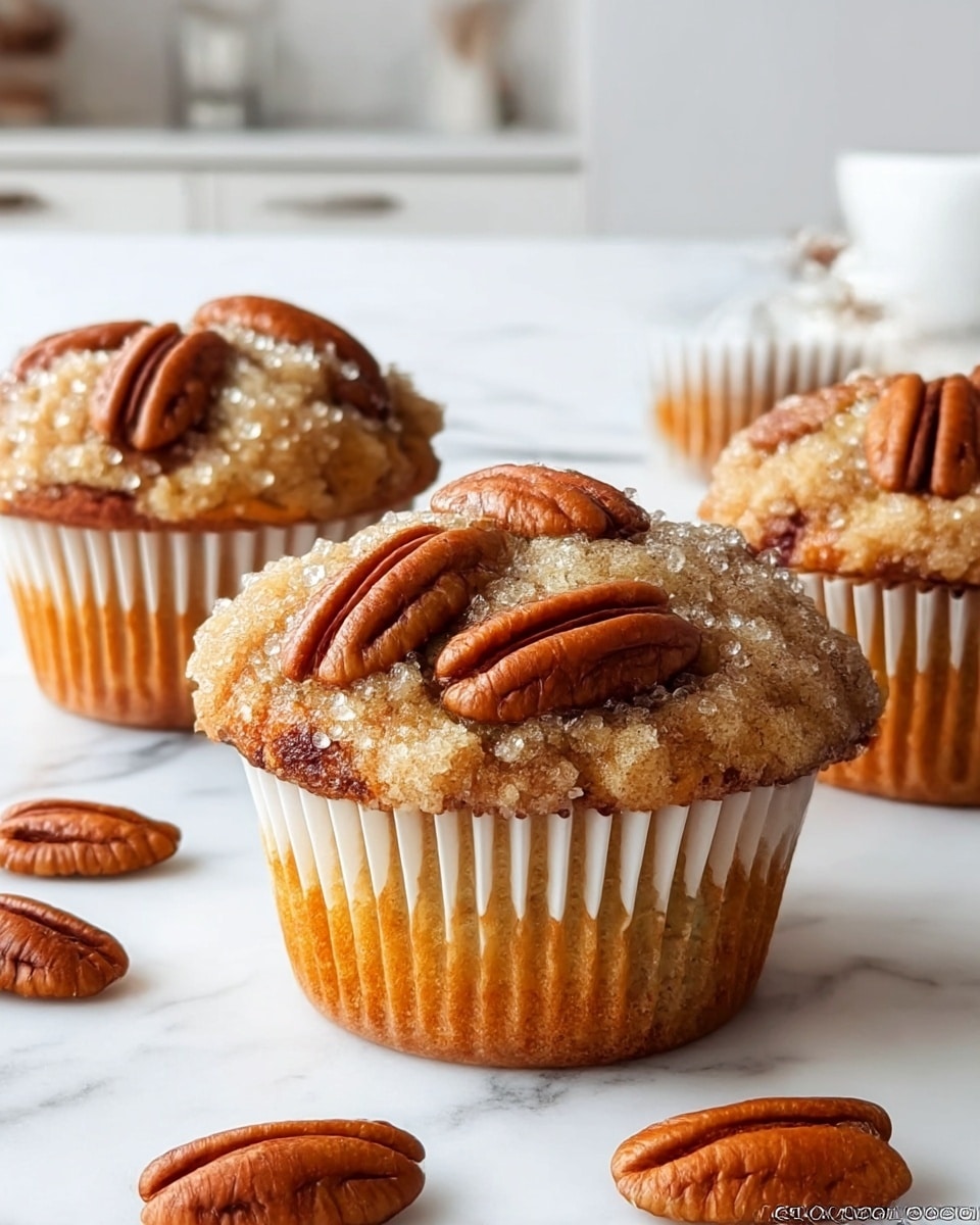 Three pecan muffins sit on a white marbled surface, each muffin wrapped in white paper liners that show the golden brown color of the baked muffin base. The tops are rough and crumbly with a light tan crumb topping sprinkled with coarse sugar crystals that sparkle. Whole glossy pecan halves are pressed into the tops of the muffins, adding a warm brown color. Scattered pecans lie around the muffins, adding texture and richness to the scene. In the soft blurred background, a white kitchen counter and folded white cloth add a clean, bright setting. Photo taken with an iphone --ar 4:5 --v 7