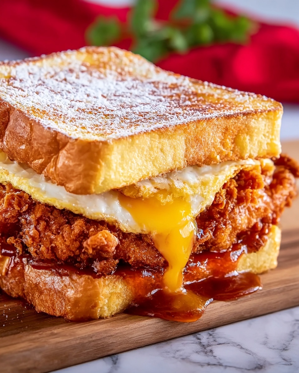 A close-up of a sandwich with three main layers between two slices of golden brown toasted bread dusted lightly with powdered sugar. The bottom layer is a crispy fried chicken piece coated in a crunchy, reddish-brown batter with a shiny glaze. Above the chicken is a layer of smooth, melted bright yellow cheese, partially oozing out. At the top, there is a fluffy folded egg layer with light yellow color and some visible soft texture. The sandwich is placed on a wooden board with a small green garnish blurred in the background, all set against a white marbled texture. photo taken with an iphone --ar 4:5 --v 7