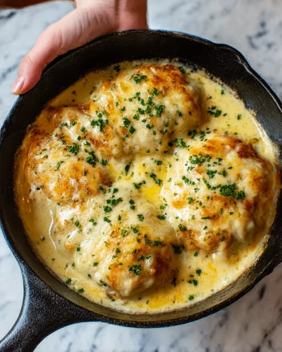 The image shows a black pan filled with a layered dish topped with melted cheese that is golden yellow and white in color. The cheese is spread over several round pieces of food, likely potatoes or biscuits, arranged closely together in one layer. The dish is sprinkled with small bits of green herbs for garnish. The pan is placed on a white marbled surface, and a woman's hand is gently holding the edge of the pan. The melted cheese looks creamy and slightly browned at the edges, giving the dish a warm and rich texture. Photo taken with an iphone --ar 4:5 --v 7