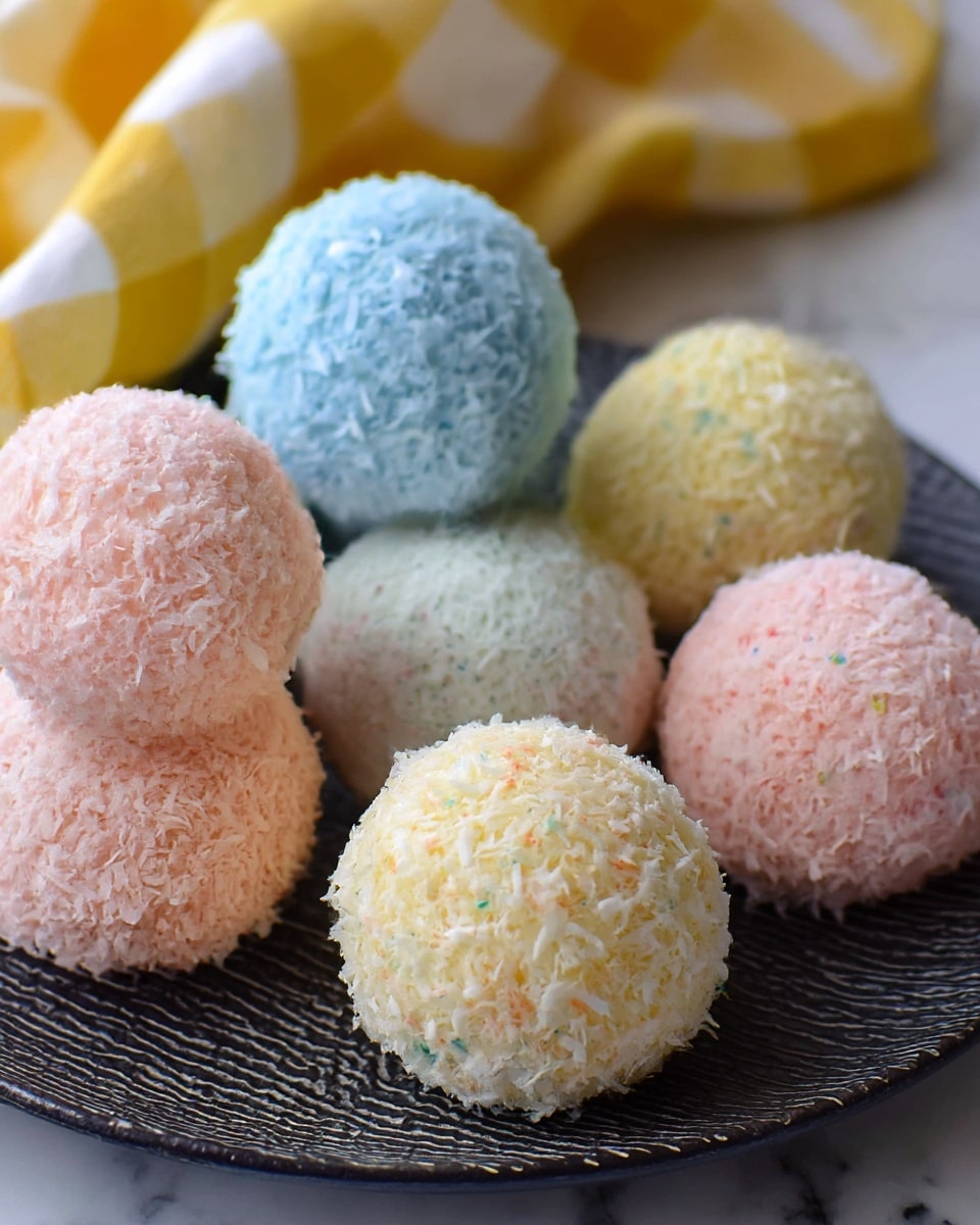 The image shows several round, fluffy balls covered in fine, shredded coconut in different pastel colors including light blue, pink, yellow, and a mix of blue and white. Each ball has a soft, textured surface made of coconut flakes that give them a fuzzy look. The balls are arranged closely together on a dark gray perforated metal stand, with a yellow and white checkered cloth softly blurred in the background. The overall look is light and airy with a focus on the color contrast between the pastel coconut balls and the dark stand on a white marbled surface. photo taken with an iphone --ar 4:5 --v 7