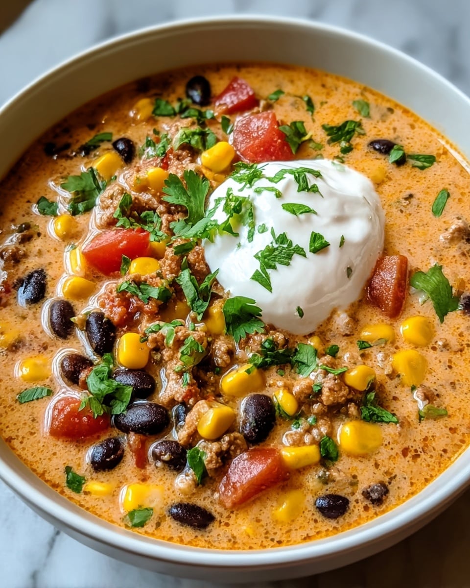 A close-up view of a bowl of creamy soup with three main layers: the base layer is a light orange creamy broth filled with cooked ground meat, black beans, and pieces of diced green peppers; the second layer has bright yellow corn kernels and red chunks of tomatoes scattered on top; the top layer is a dollop of smooth white sour cream in the center, sprinkled with fresh green chopped herbs. The bowl is white with small black speckles inside, and the background is a white marbled texture. Photo taken with an iphone --ar 4:5 --v 7
