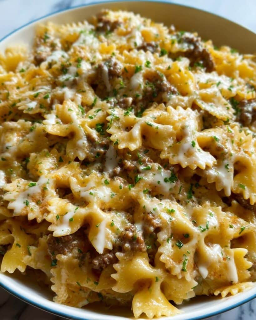 Cajun Cream Cheese Alfredo Bowties with Spiced Ground Beef Recipe