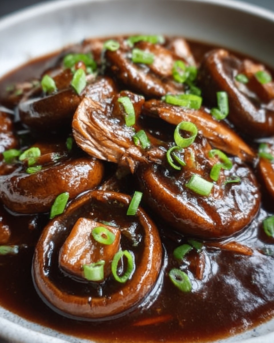 A close-up of a white bowl filled with a rich, dark brown sauce covering several slices of cooked mushrooms that have a shiny, slightly thick texture. On top of the mushrooms, small bright green chopped chives are sprinkled evenly, adding a fresh contrast to the deep brown colors. The bowl sits on a white marbled surface, and the lighting highlights the glossy sauce and the smooth texture of the mushrooms, making the dish look warm and flavorful. Photo taken with an iphone --ar 4:5 --v 7