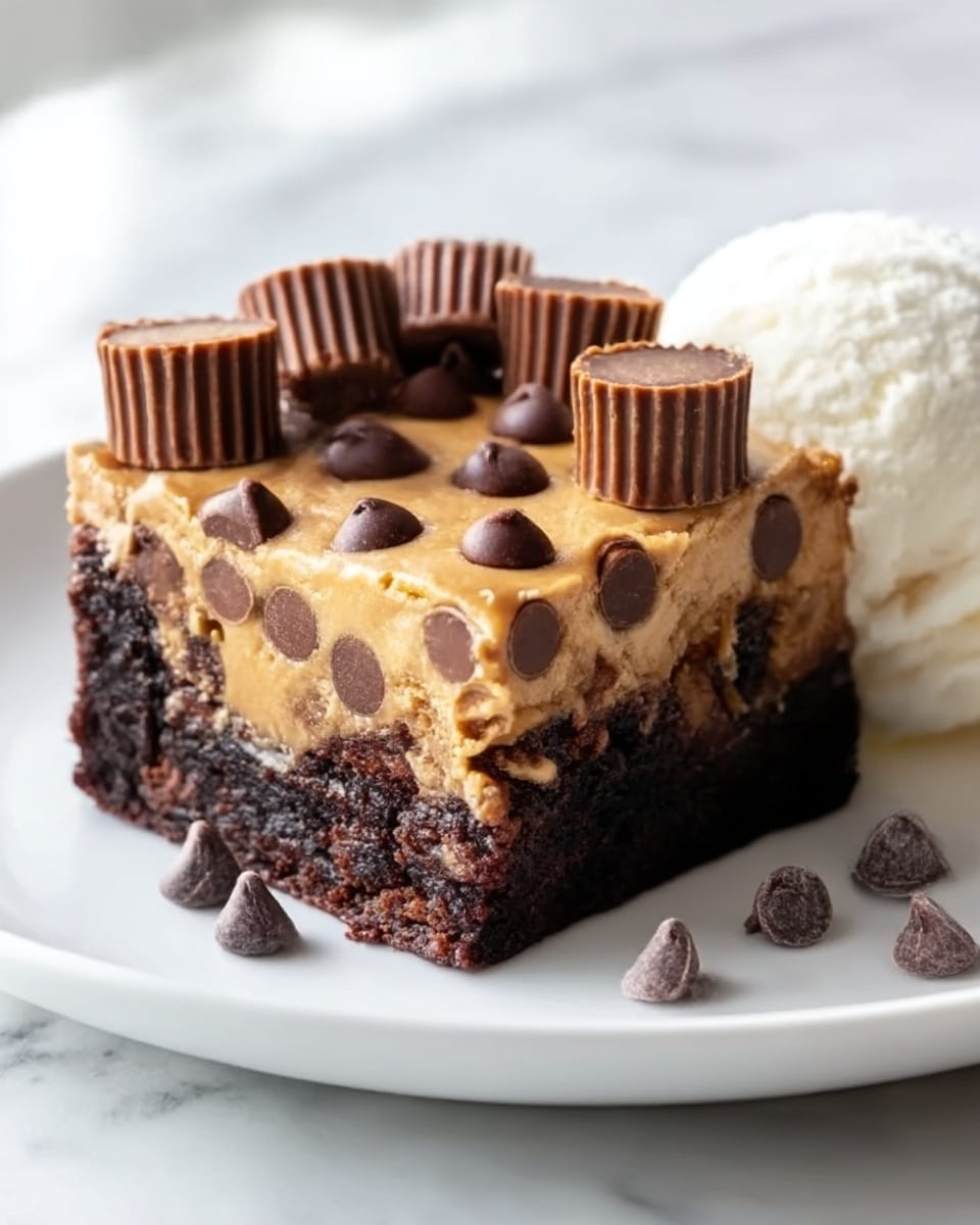 The image shows a dessert square on a white plate with a white marbled background. The bottom layer is dark, rich, and moist chocolate brownie with a slightly rough texture. Above that is a smooth, creamy peanut butter layer topped with mini chocolate chips scattered on it. The top layer consists of halved peanut butter cups placed neatly, adding both height and texture. Next to the dessert is a scoop of vanilla ice cream with a smooth, creamy texture. A few extra chocolate chips are scattered around the plate. Photo taken with an iphone --ar 4:5 --v 7