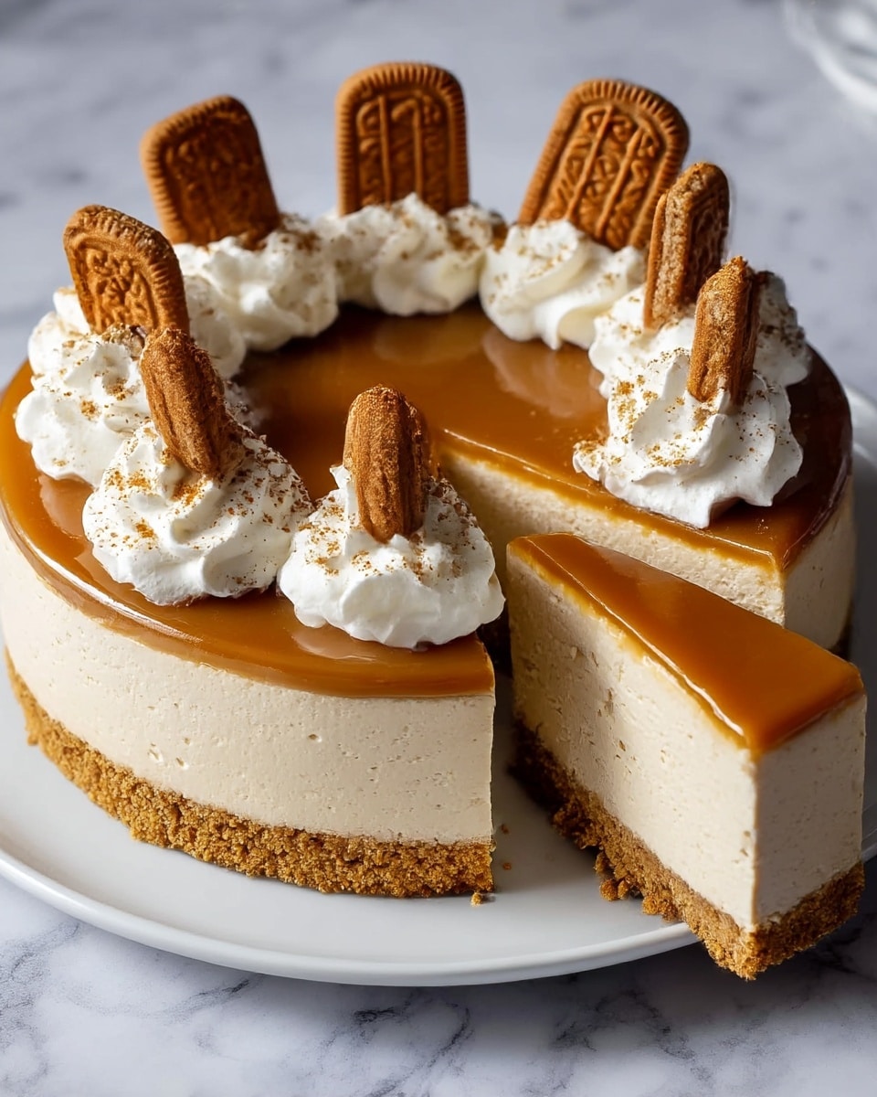 A round cheesecake on a white plate with three visible layers: the bottom is a crumbly golden-brown cookie crust, the middle is a thick, smooth, light beige cream cheese layer, and the top is a shiny caramel-colored glaze. The top edge is decorated with dollops of white whipped cream and rectangular brown cookies with intricate patterns, placed evenly around the edge. There is one large slice cut out of the cake, showing the clean layers inside. The plate sits on a white marbled surface. photo taken with an iphone --ar 4:5 --v 7