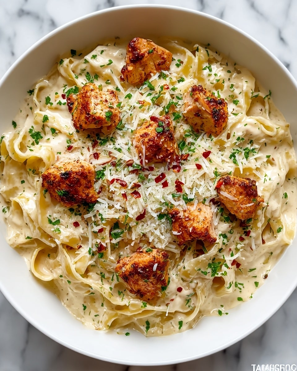 A white bowl filled with creamy fettuccine pasta coated in a thick, smooth white sauce as the base layer. On top, there are several small, browned and slightly charred pieces of seasoned chicken, scattered evenly across the pasta. The dish is sprinkled with finely chopped green herbs and small red chili flakes, adding color and texture. Shredded white cheese is lightly scattered over the entire dish, blending with the creamy sauce but still visible. The bowl is placed on a white marbled surface. photo taken with an iphone --ar 4:5 --v 7