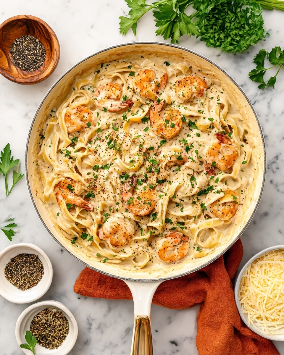 A close-up top view of a white cooking pan filled with creamy fettuccine pasta mixed with juicy orange shrimp, all covered in a thick, light beige sauce with black pepper and sprinkled with chopped green parsley. The pan sits on a white marbled surface next to green parsley sprigs, a small wooden bowl with cracked black pepper, and small white bowls holding shredded cheese and fresh parsley leaves. An orange cloth napkin is placed under the pan's handle. Photo taken with an iphone --ar 4:5 --v 7