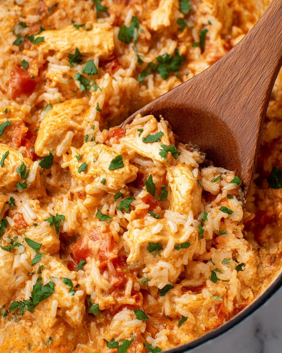 This image shows a close-up of a creamy orange-colored rice dish mixed with chunks of cooked white chicken pieces and small bits of red tomato. The rice looks soft and slightly sticky, coated evenly with sauce. Fresh green herbs are sprinkled on top for color. A wooden spoon is partially visible, scooping some of the rice and chicken. The background is a white marbled texture. photo taken with an iphone --ar 4:5 --v 7