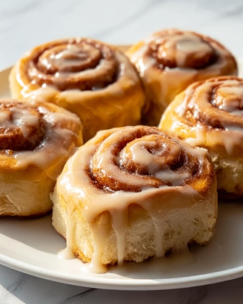 The image shows a close-up of five cinnamon rolls on a white plate, arranged closely together. Each roll has a thick swirl shape with a golden-brown top and soft, light beige dough underneath. A creamy caramel-colored glaze is slowly dripping down from the tops of the cinnamon rolls, adding a shiny, sticky texture. The background is a white marbled surface with soft natural light coming from the side, highlighting the glaze's gloss and the rolls' fluffy texture. Photo taken with an iphone --ar 4:5 --v 7