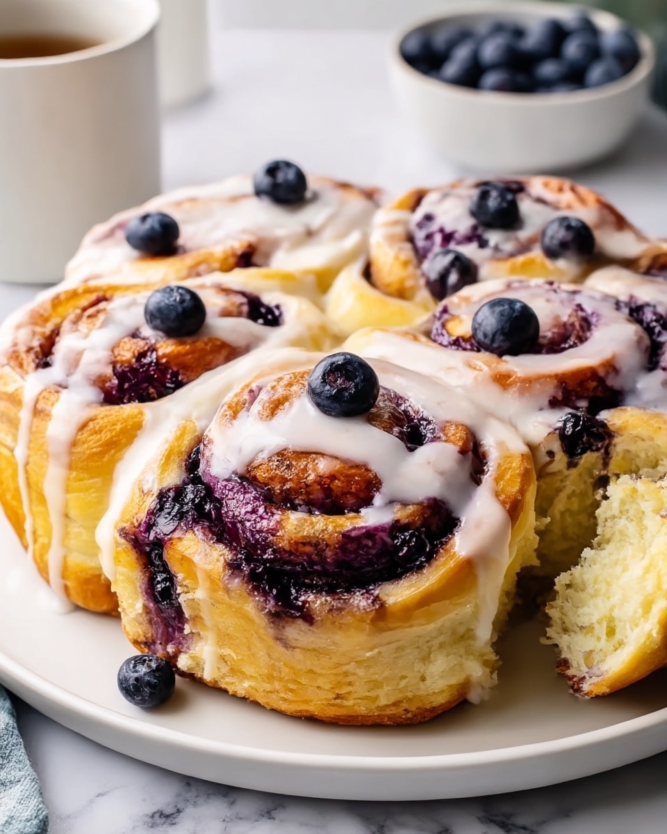 A round white plate holds four large blueberry cinnamon rolls closely packed, each roll showing multiple soft, thick, golden layers swirled with rich purple blueberry filling. The top of the rolls is covered with glossy white icing drizzled unevenly, some dripping down the sides, and a few plump, dark blueberries sit on top of each roll. One roll has a piece cut out, showing the fluffy, light-yellow dough inside. The plate rests on a white marbled surface with a blurred cup and bowl of blueberries in the background. photo taken with an iphone --ar 4:5 --v 7