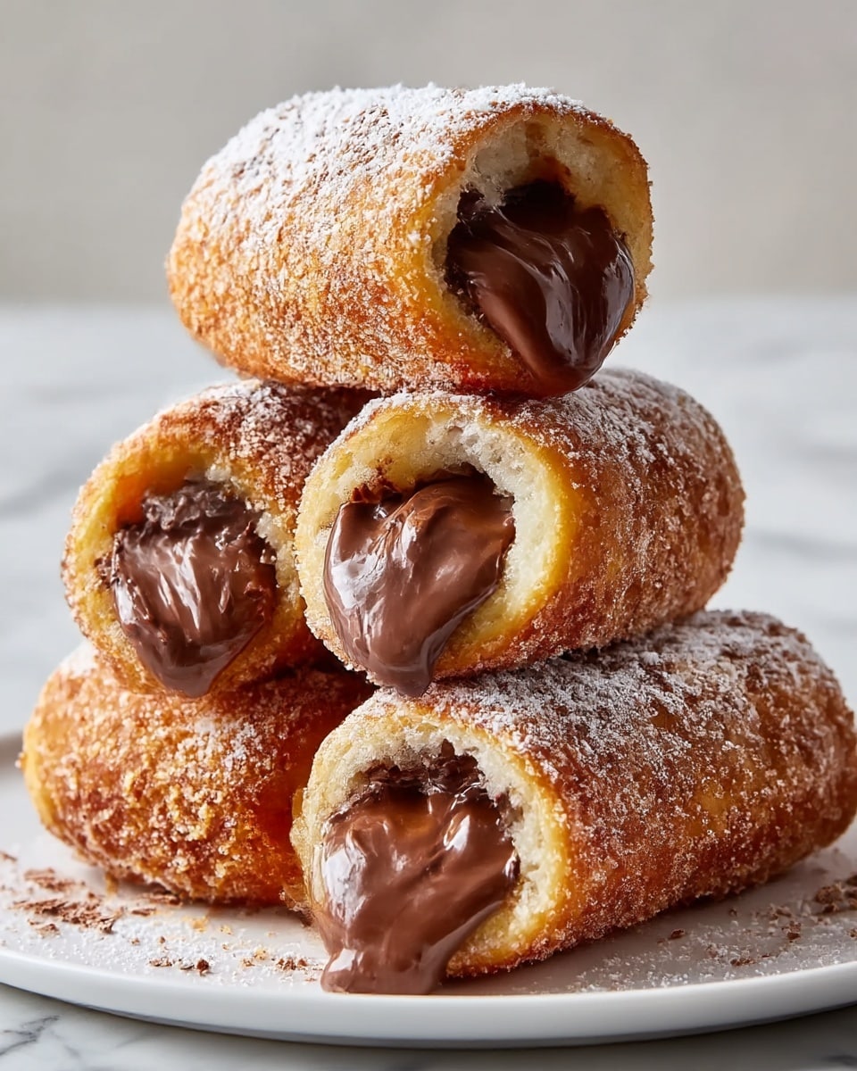 The image shows a stack of five rolled toast sticks filled with melted chocolate, arranged in a pyramid shape on a white plate. Each toast stick has a golden brown, crispy outside layer covered with powdered sugar, and the inside is filled with rich, creamy dark chocolate that oozes out slightly at the ends. The toast surface looks crunchy with a rough texture, and the powdered sugar adds a soft, snowy white layer on top. The background is a smooth, white marbled surface. Photo taken with an iphone --ar 4:5 --v 7